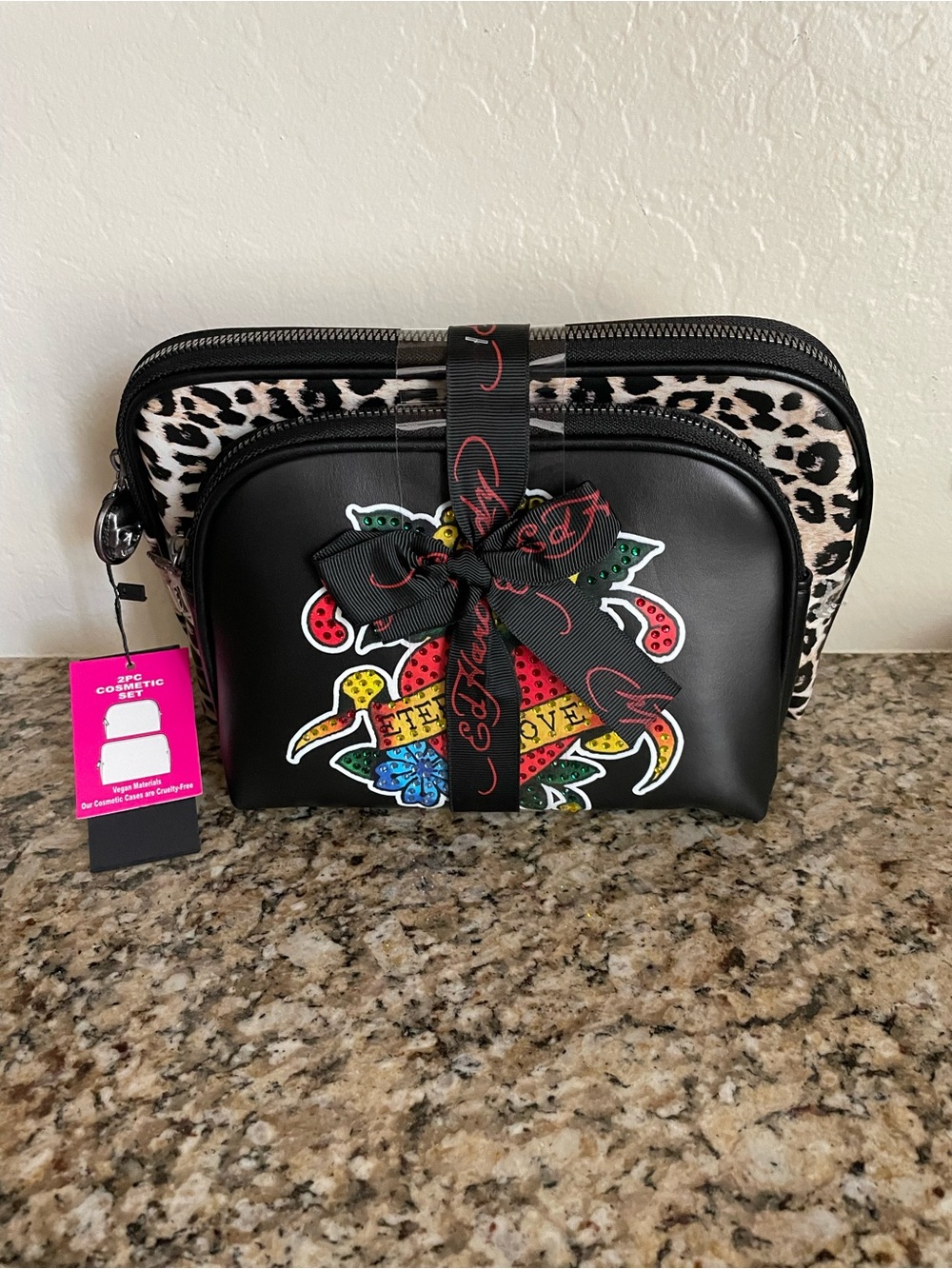 Ed Hardy Black Leather Cosmetic Bag Set